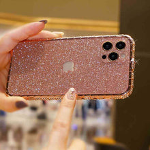 Load image into Gallery viewer, Snake Button Metal Bumper Glitter Screen Protector iPhone Case, Pink Back View
