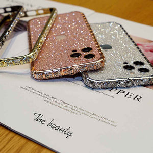 Snake Button Metal Bumper Glitter Screen Protector iPhone Case, Gold  Silver Pink