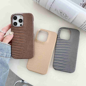 Lizard PU Leather iPhone Case, Brown Grey Gold Display