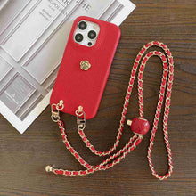 Load image into Gallery viewer, Handmade Camellia Adjustable Lanyard iPhone Leather Case, Red