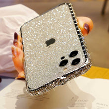Load image into Gallery viewer, Snake Button Metal Bumper Glitter Screen Protector iPhone Case, Silver