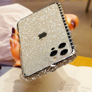 Snake Button Metal Bumper Glitter Screen Protector iPhone Case, Silver