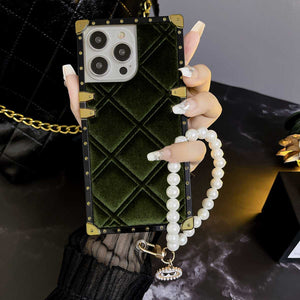 Velvet Grid Pearl Bracelet iPhone Case, Green+Pearl Bracelet
