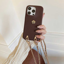 Load image into Gallery viewer, Handmade Camellia Adjustable Lanyard iPhone Leather Case, Hand Show Brown