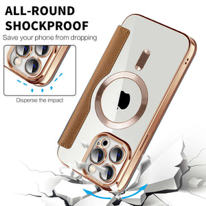 MagSafe Leather Flip iPhone Case Transparent Electroplated Magnetic Cover