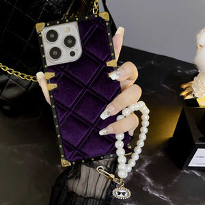 Velvet Grid Pearl Bracelet iPhone Case, Purple+Pearl Bracelet