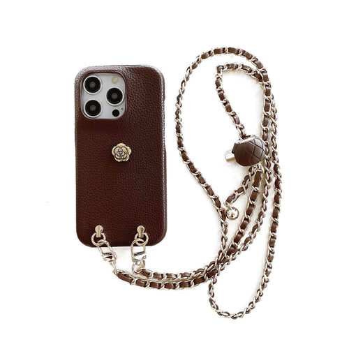 Handmade Camellia Adjustable Lanyard iPhone Leather Case, Overall View