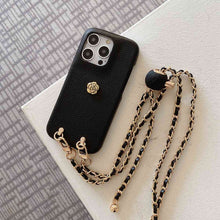 Load image into Gallery viewer, Handmade Camellia Adjustable Lanyard iPhone Leather Case, Black
