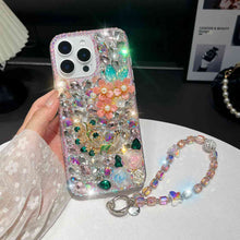 Load image into Gallery viewer, Handmade Peacock Diamond iPhone Case With Bracelet, Pink + Bracelet