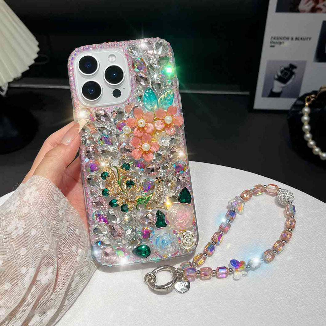 Handmade Peacock Diamond iPhone Case With Bracelet, Pink + Bracelet