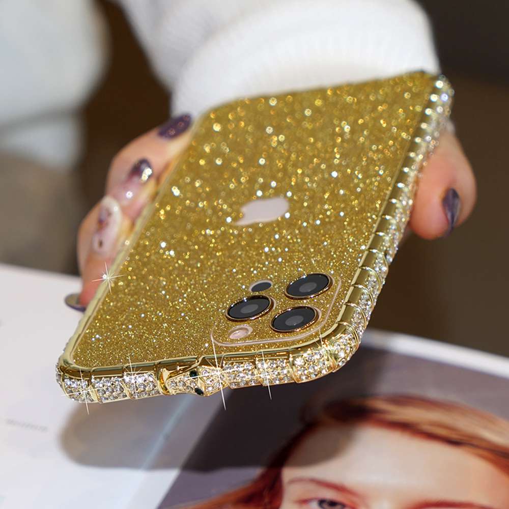Snake Button Metal Bumper Glitter Screen Protector iPhone Case, Gold