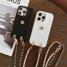 Load image into Gallery viewer, Handmade Camellia Adjustable Lanyard iPhone Leather Case, White &amp; Black