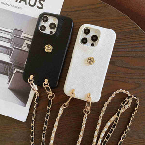 Handmade Camellia Adjustable Lanyard iPhone Leather Case, White & Black
