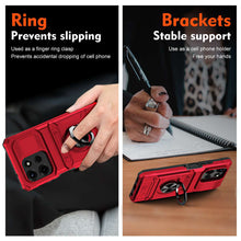 Load image into Gallery viewer, Red phone case with ring and brackets feature, used as a finger ring clasp and cell phone holder.