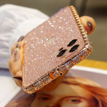 Load image into Gallery viewer, Snake Button Metal Bumper Glitter Screen Protector iPhone Case, Pink