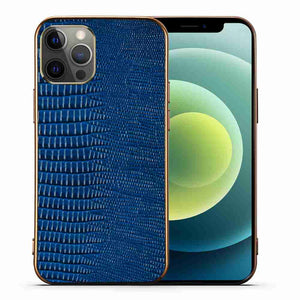 Lizard Leather iPhone Case, Blue Front and Back View