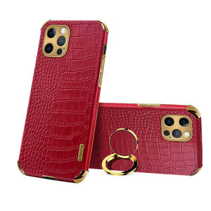 Crocodile PU Leather Finger Holder iPhone Case, Red