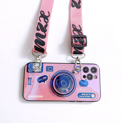Blue Ray Apple iPhone Cases Fashion Camera Pattern With Diagonal Lanyard Protective Cover