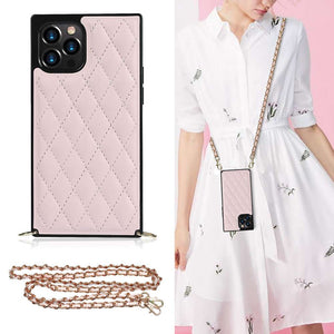 Metal Chain Leather iPhone Case, Model Show Pink