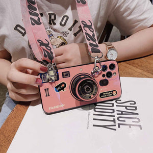 Blue Ray Apple iPhone Cases Fashion Camera Pattern With Diagonal Lanyard Protective Cover