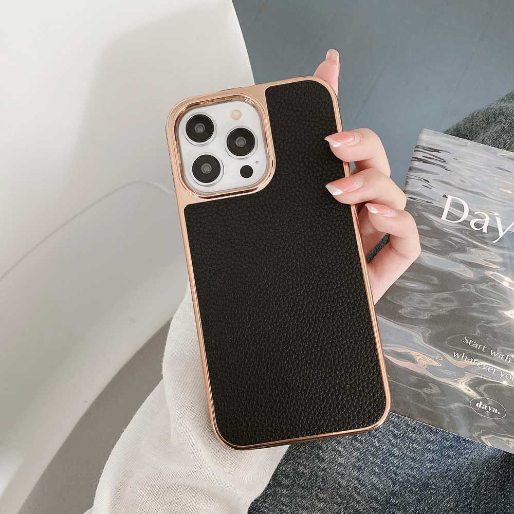 Plating Gold Edge Lychee Pattern iPhone Case, Black