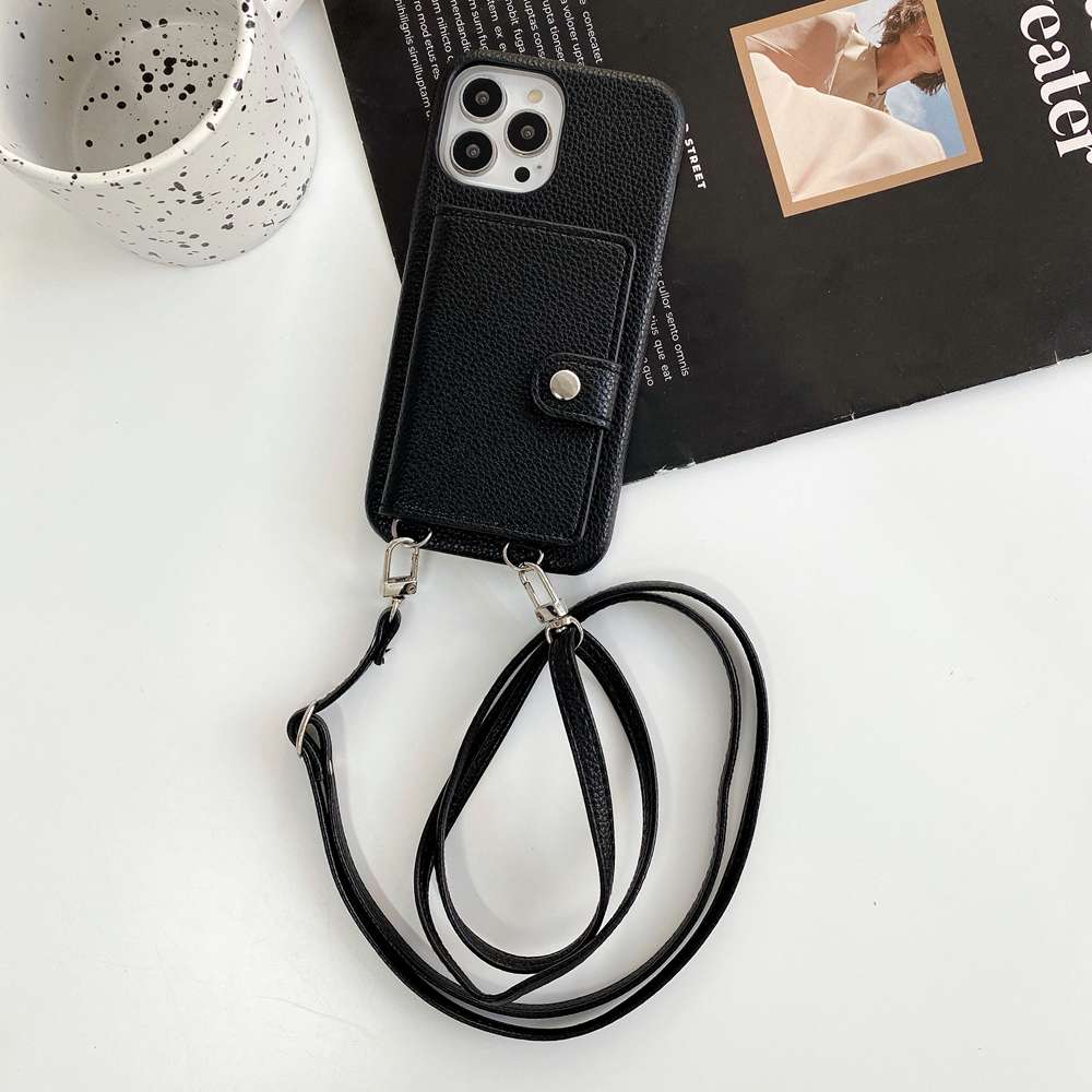 Handmade Wallet Bag With Lanyard iPhone Case, Black