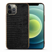 Load image into Gallery viewer, Lizard Leather iPhone Case, Black Front and Back View