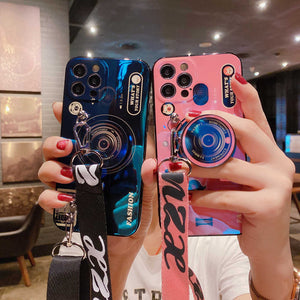 Blue Ray Apple iPhone Cases Fashion Camera Pattern With Diagonal Lanyard Protective Cover