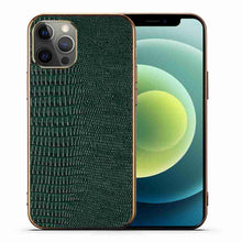 Load image into Gallery viewer, Lizard Leather iPhone Case, Green Front and Back View
