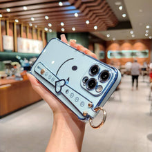 Load image into Gallery viewer, Soft TPU Handmade Smile Wristband iPhone Case, Blue Camera Close-up