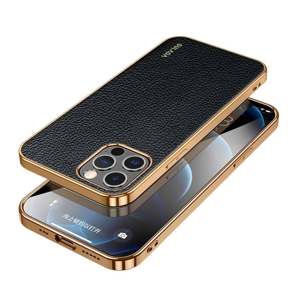 Sulada iPhone Lychee Case, Black Front and Back