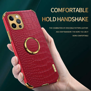 Crocodile PU Leather Finger Holder iPhone Case, Red in Hand Show